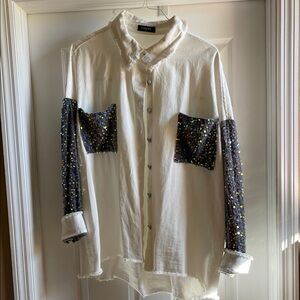 Chic White and Gray Sequin Women's Top